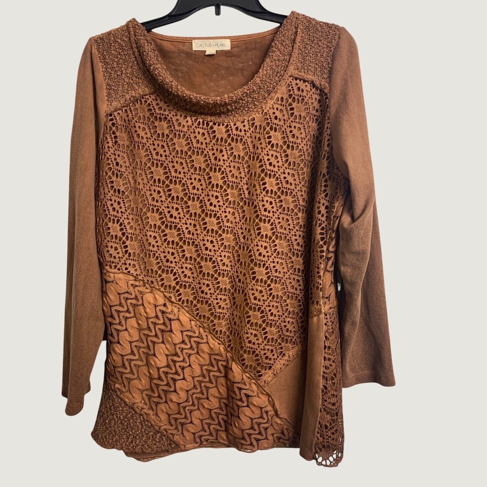 Cactus + Pearl Terracotta Brown Mixed Lace‎ Crochet Long Sleeve Top Medium